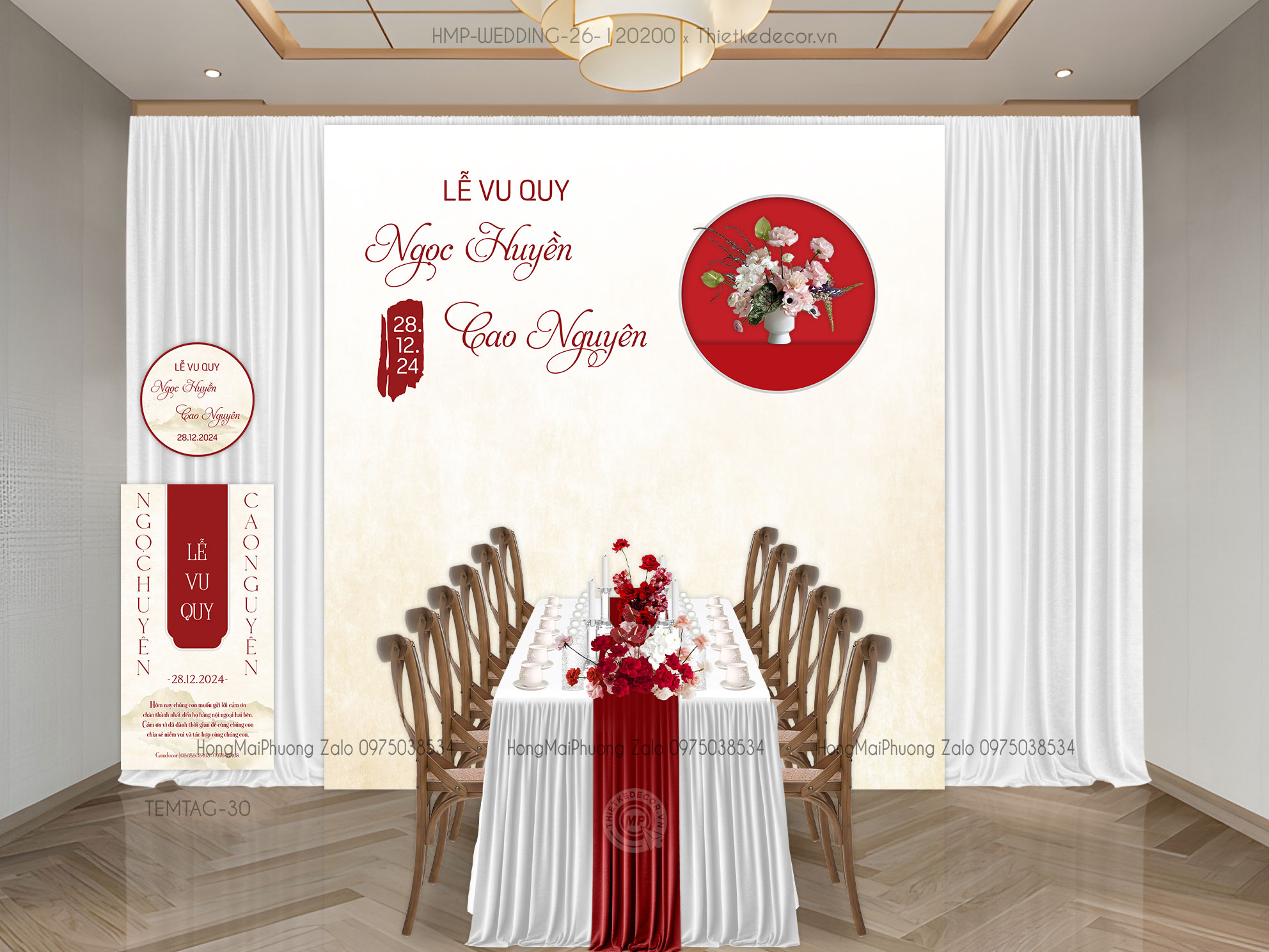 Gia tiên tone đỏ nền loang vintage kèm tem nước và tag bàn